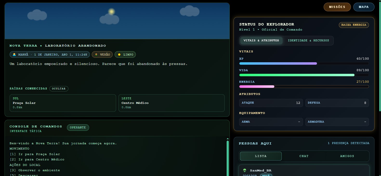 Interface do painel de exploração em Nova Terra